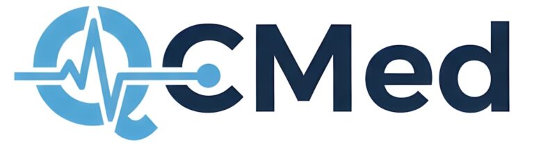 Qc med logo with heartbeat graphic