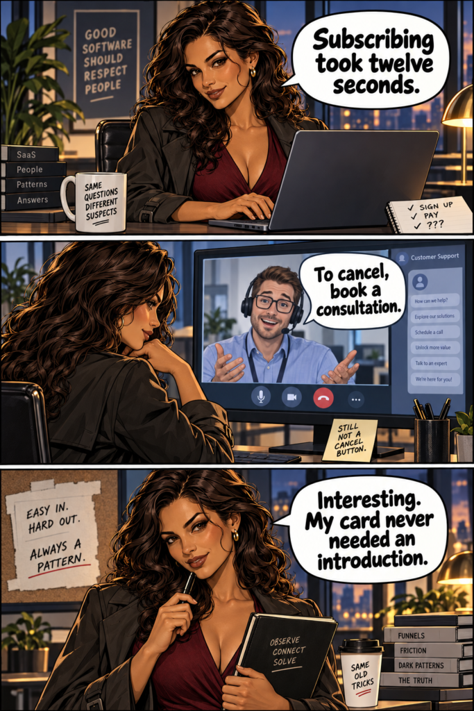 A female detective investigates why subscribing is instant but canceling requires a call.